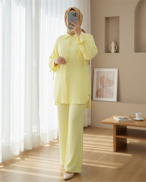 Top Düğmeli Kolu Bağcıklı Krinkıl Takım -Açık Sarı-Takım-349-7065-R75