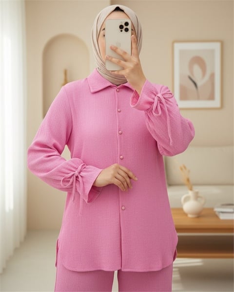 Top Düğmeli Kolu Bağcıklı Krinkıl Takım -Pembe-Takım-349-7065-R20