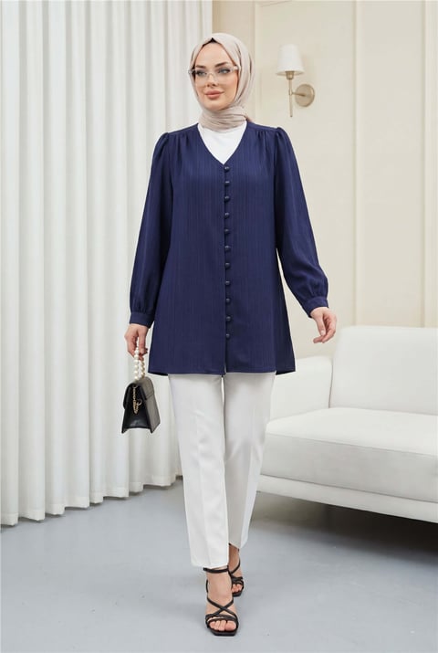 Top Düğmeli V Yaka Jakarlı Krinkıl Tunik  -Lacivert-Tunik-346-3092-R03