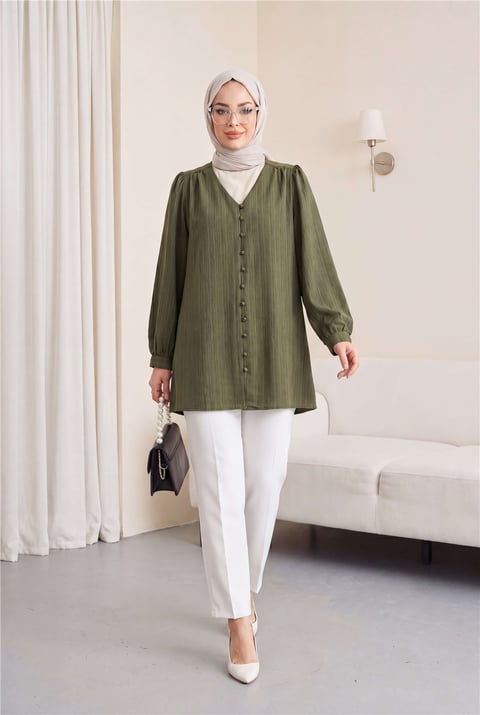 Top Düğmeli V Yaka Jakarlı Krinkıl Tunik  -Haki-Tunik-346-3092-R05