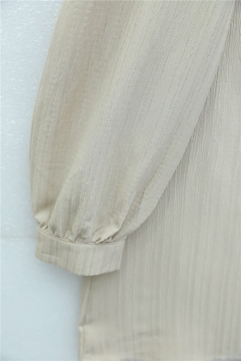Top Düğmeli V Yaka Jakarlı Krinkıl Tunik  -Açık Vizon-Tunik-346-3092-R51