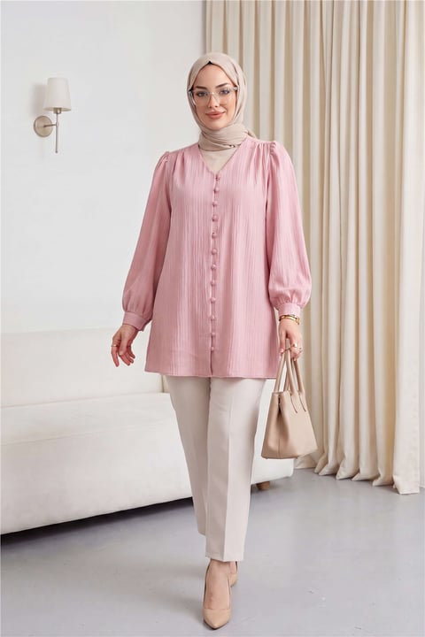 Top Düğmeli V Yaka Jakarlı Krinkıl Tunik  -Pembe-Tunik-346-3092-R20