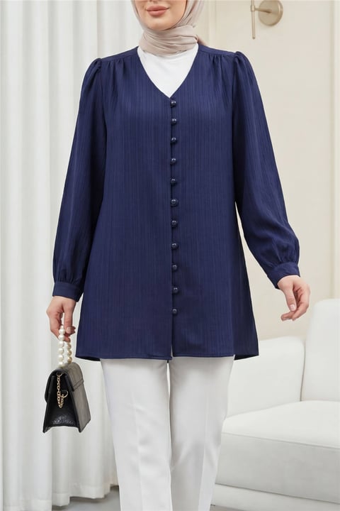 Top Düğmeli V Yaka Jakarlı Krinkıl Tunik  -Lacivert-Tunik-346-3092-R03