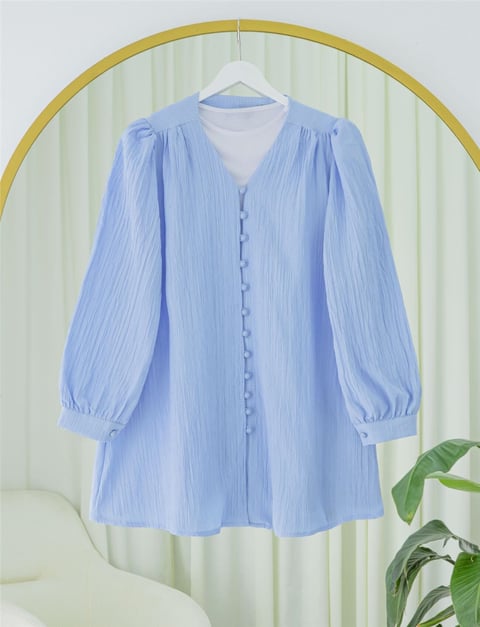 Top Düğmeli V Yaka Krinkıl Gömlek -Bebe Mavi-Gömlek-253-13027-R32