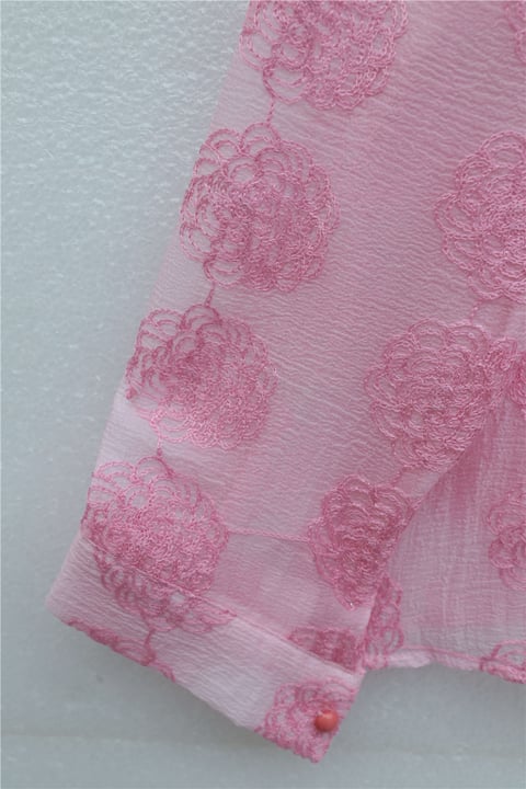 Top Düğmeli Yakası Dantelli Desenli Jakar Gömlek -Pembe-Gömlek-430-2272-R20