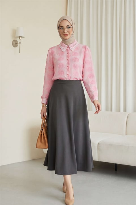 Top Düğmeli Yakası Dantelli Desenli Jakar Gömlek -Pembe-Gömlek-430-2272-R20