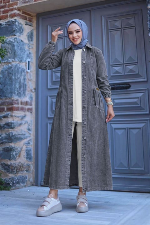 Torba Cepli Metal Düğmeli Uzun Kot Kap   -Füme-Trençkot-197-7929-R18