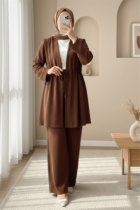 Tünel Bağcıklı Ayrobin Kimono Takım -Kahve-Takım-349-7073-R15