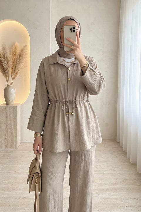 Tünel Bağcıklı Beli Lastikli Pantolonlu Pamuklu Krinkıl Takım -Vizon-Takım-317-2455-R23