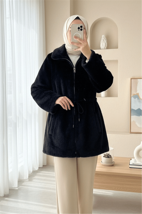 Tünel Bağcıklı Cepli Astarlı Kürklü Ceket -Siyah-Mont-348-2049-R01