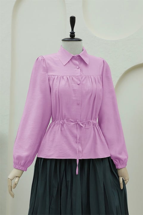 Tünel Bağcıklı Düğmeli Gömlek Bluz -Pembe-Bluz-398-1004-R20