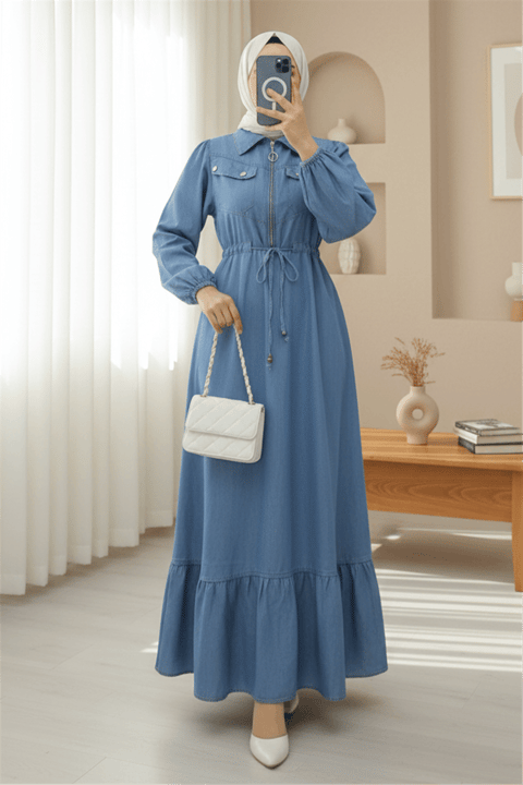 Tünel Bağcıklı Yarım Fermuarlı Cepli Kot Elbise -Mavi-Elbise-197-6127-R31