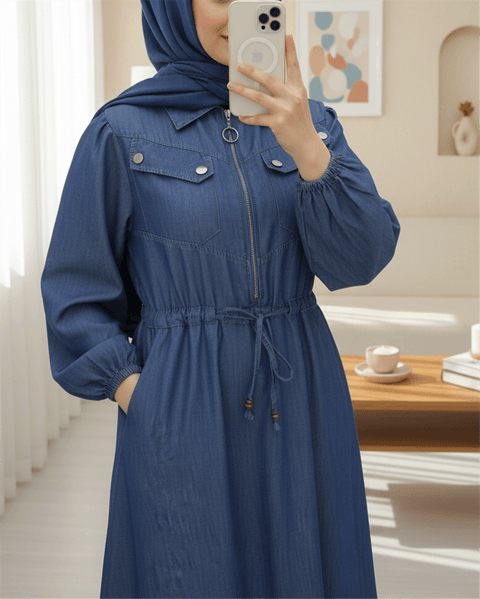 Tünel Bağcıklı Yarım Fermuarlı Cepli Kot Elbise -İndigo-Elbise-197-6127-R21