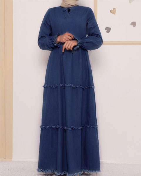 Üç Parça Yıkamalı Kot Elbise -İndigo-Elbise-192-6121-R21
