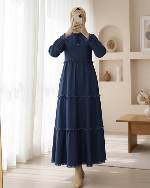 Üç Parça Yıkamalı Kot Elbise -İndigo-Elbise-192-6121-R21