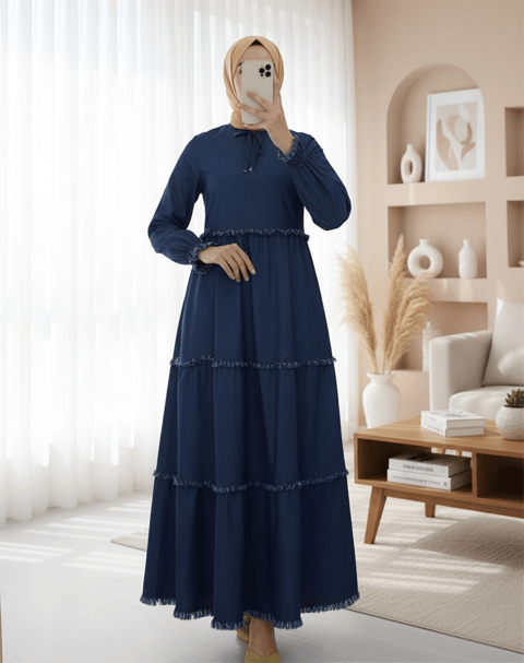 Üç Parça Yıkamalı Kot Elbise -İndigo-Elbise-192-6121-R21