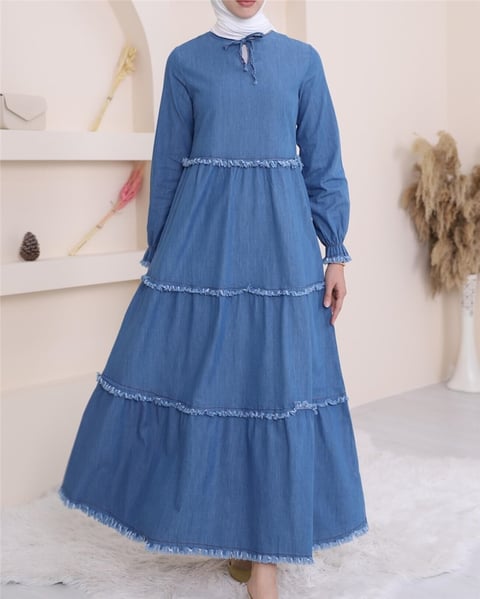 Üç Parça Yıkamalı Kot Elbise -Mavi-Elbise-192-6121-R31