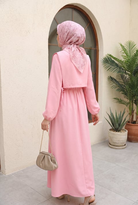 Üstü Gömlek Detaylı Elbise Takım    -Pembe