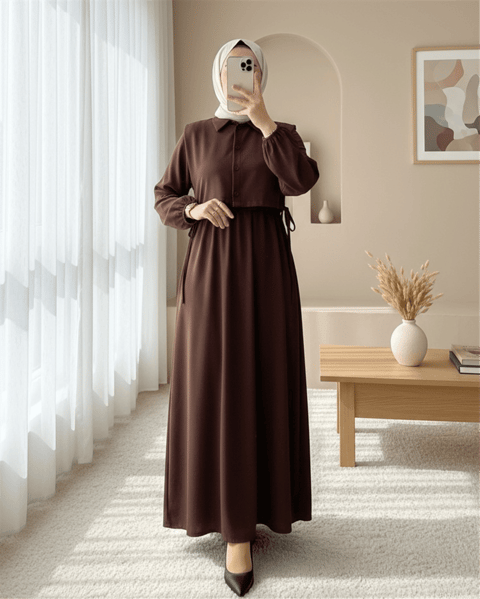 Üstü Gömlek Detaylı Elbise Takım   -Kahve-Elbise-111-61474-R15