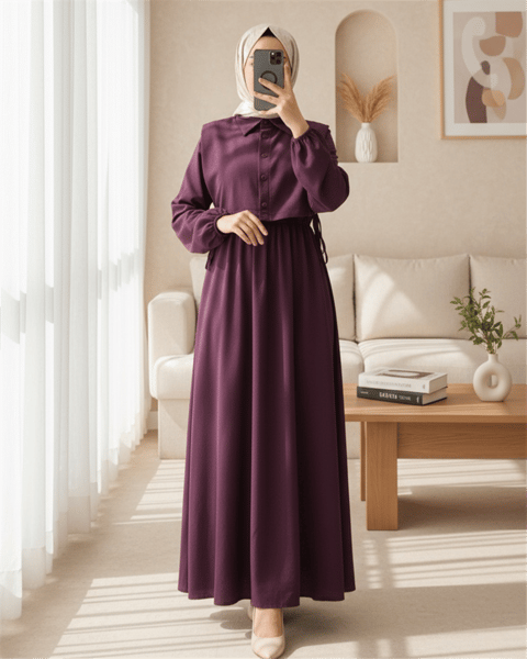 Üstü Gömlek Detaylı Elbise Takım  -Mürdüm-Elbise-111-61474-R09