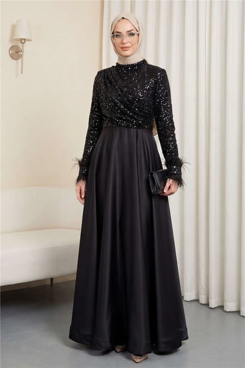 Üstü Pul Payet Kolları Tüylü Eteği Saten Abiye -Siyah-Abiye-316-4796-R01
