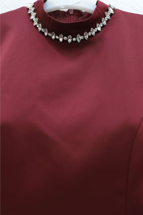 Üstü Saten Altı Janjan Şifon Taş Detaylı Volanlı Abiye  -Bordo-Abiye-316-4871-R04