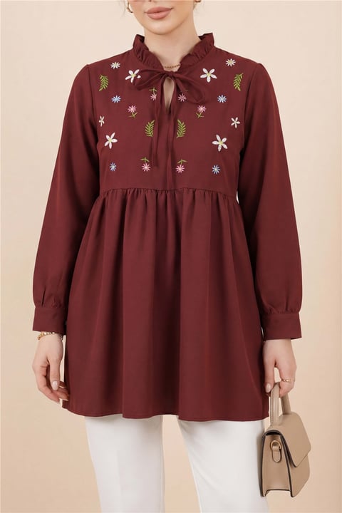 V Yaka Bağlamalı Yakası Fırfırlı Çiçek Nakışlı Poplin Tunik -Bordo-Tunik-349-8051-R04