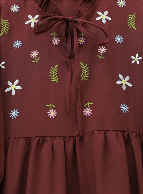 V Yaka Bağlamalı Yakası Fırfırlı Çiçek Nakışlı Poplin Tunik -Bordo-Tunik-349-8051-R04