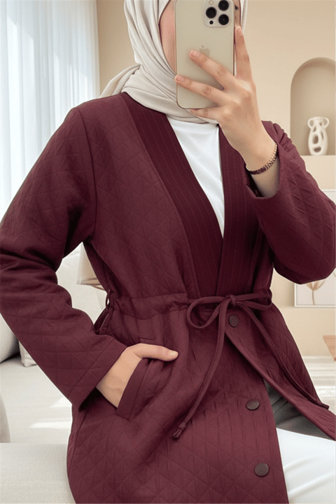 V Yaka Beli Bağcıklı Cepli Düğmeli Kap -Bordo-Trençkot-253-12983-R04