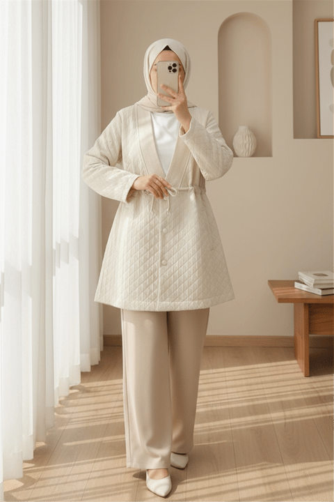 V Yaka Beli Bağcıklı Cepli Düğmeli Kap -Bej-Trençkot-253-12983-R56