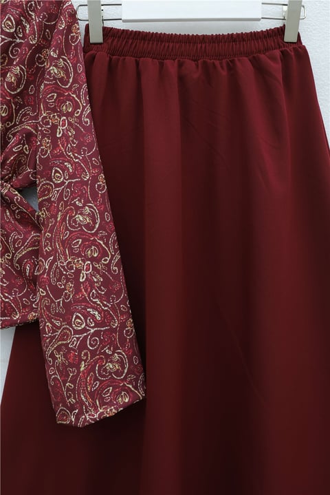 V Yaka Beli Büzgülü Tek Düğmeli Desenli Dabıl Takım -Bordo-Takım-349-8062-R04