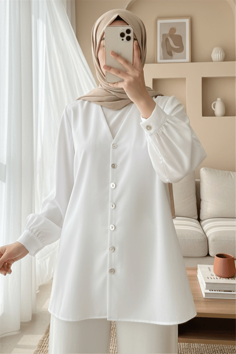 V Yaka Boydan Düğmeli Poplin Gömlek  -Beyaz-Gömlek-120-1603-R02