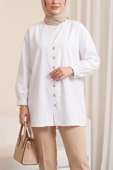 V Yaka Boydan Düğmeli Poplin Gömlek  -Beyaz-Gömlek-120-1603-R02