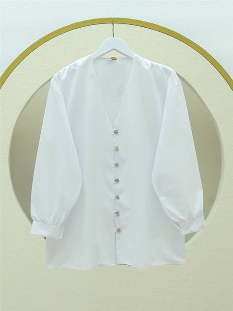 Gömlek-V Yaka Boydan Düğmeli Poplin Gömlek  -Beyaz-120-1603-R02