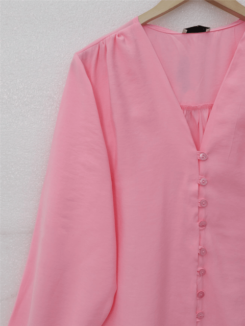 V Yaka Düğmeli Arkası Uzun Gömlek -Pembe-Gömlek-223-30091-R20