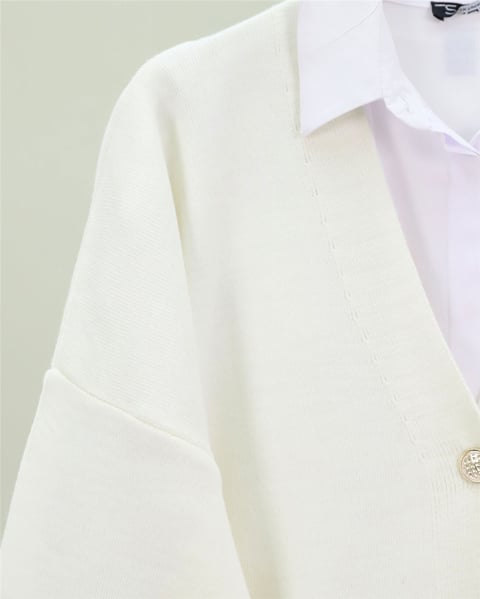 V Yaka Düğmeli Oversize Triko Hırka  -Krem-Hırka-109-9730-R28