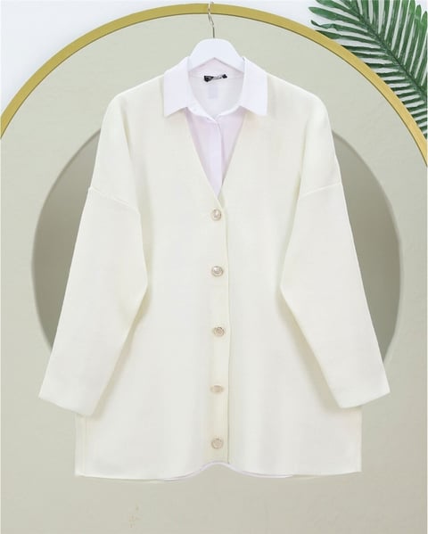 V Yaka Düğmeli Oversize Triko Hırka  -Krem-Hırka-109-9730-R28