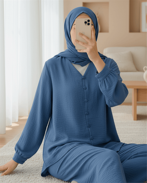 V Yaka Düğmeli Pantolonlu Ayrobin Takım -İndigo-Takım-349-7045-R21