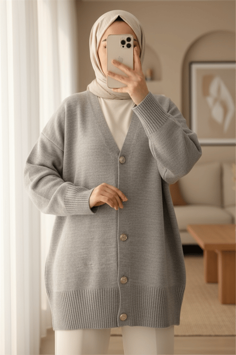 V Yaka Düğmeli Triko Hırka  -Gri-Hırka-109-9726-R11
