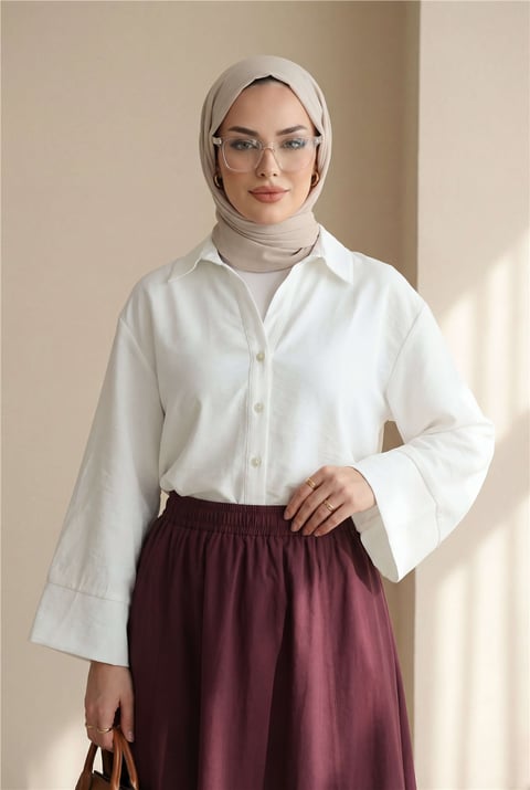 V Yaka Düğmeli Yarım Kol Modal Gömlek -Beyaz-Gömlek-317-2415-R02