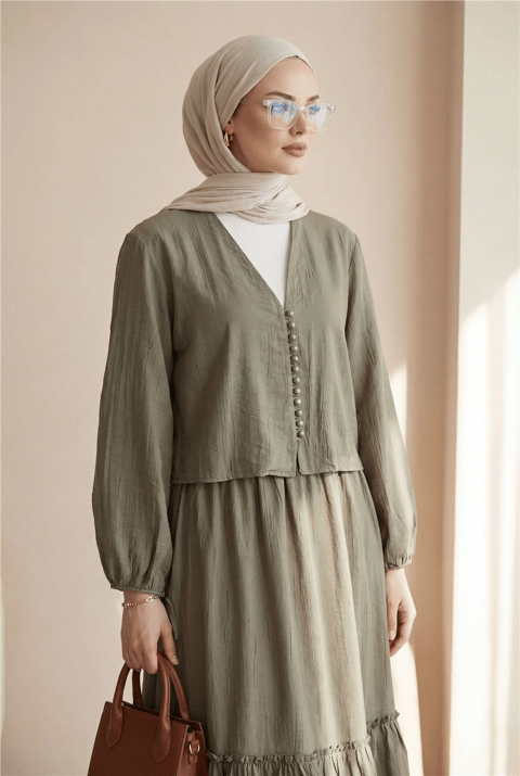 V Yaka Kolları Bağcıklı Top Düğmeli Etekli Viskon Takım  -Toprak-Takım-433-10073-R55