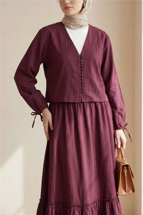 V Yaka Kolları Bağcıklı Top Düğmeli Etekli Viskon Takım  -Bordo-Takım-433-10073-R04