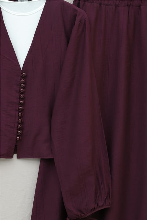 V Yaka Kolları Bağcıklı Top Düğmeli Etekli Viskon Takım  -Bordo-Takım-433-10073-R04