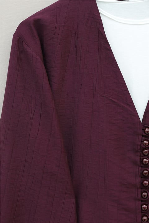 V Yaka Kolları Bağcıklı Top Düğmeli Etekli Viskon Takım  -Bordo-Takım-433-10073-R04
