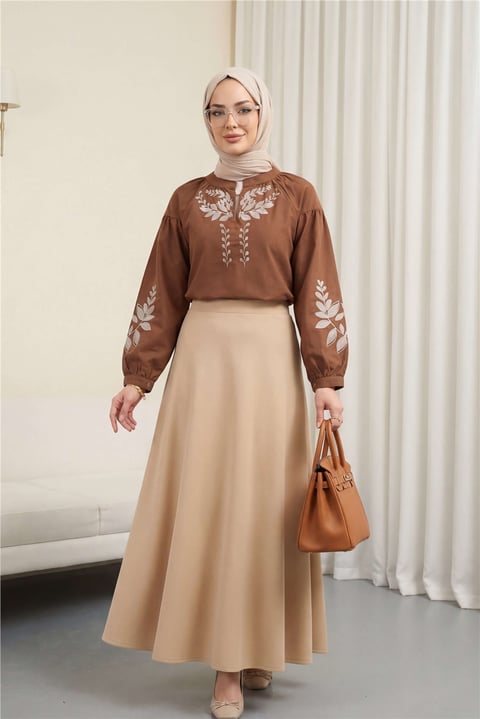 V Yaka Önü Ve Kolları Nakışlı Keten Bluz -Taba-Tunik-364-6275-R12