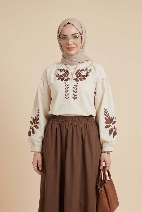 V Yaka Önü Ve Kolları Nakışlı Keten Bluz -Bej-Tunik-364-6275-R56