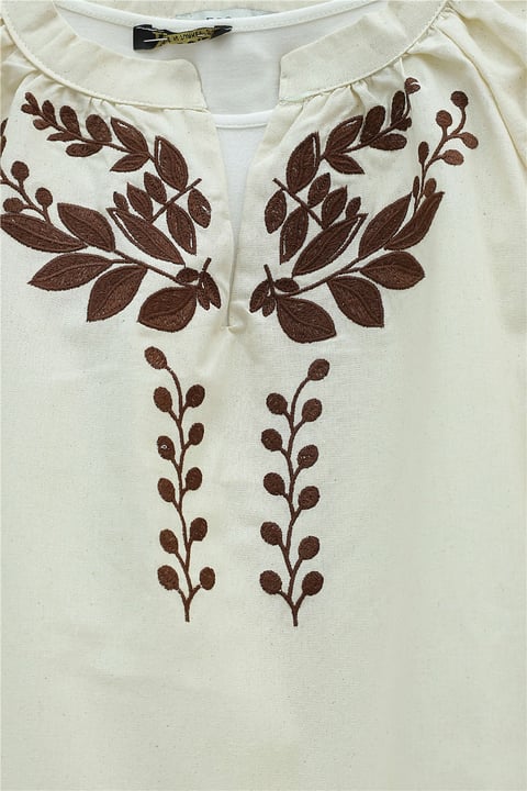 V Yaka Önü Ve Kolları Nakışlı Keten Bluz -Bej-Tunik-364-6275-R56