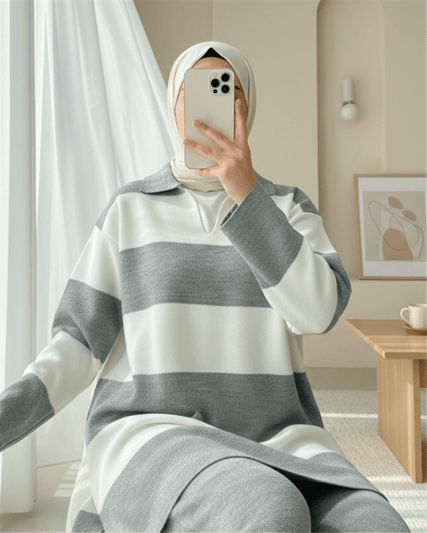V Yaka Pantolonlu Triko Takım -Gri-Takım-384-5010-R11