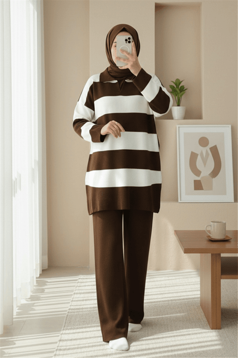 V Yaka Pantolonlu Triko Takım -K. Kahve-Takım-384-5010-R54