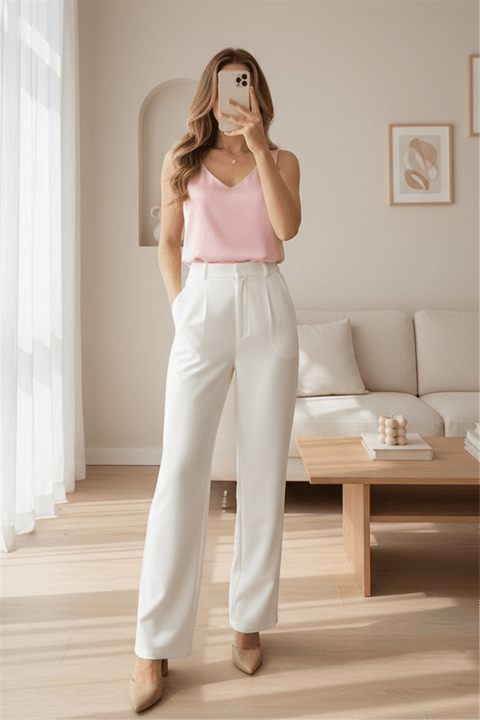 V Yaka Sıfır Kol Saten Bluz   -Pudra-Bluz-349-5083-R06